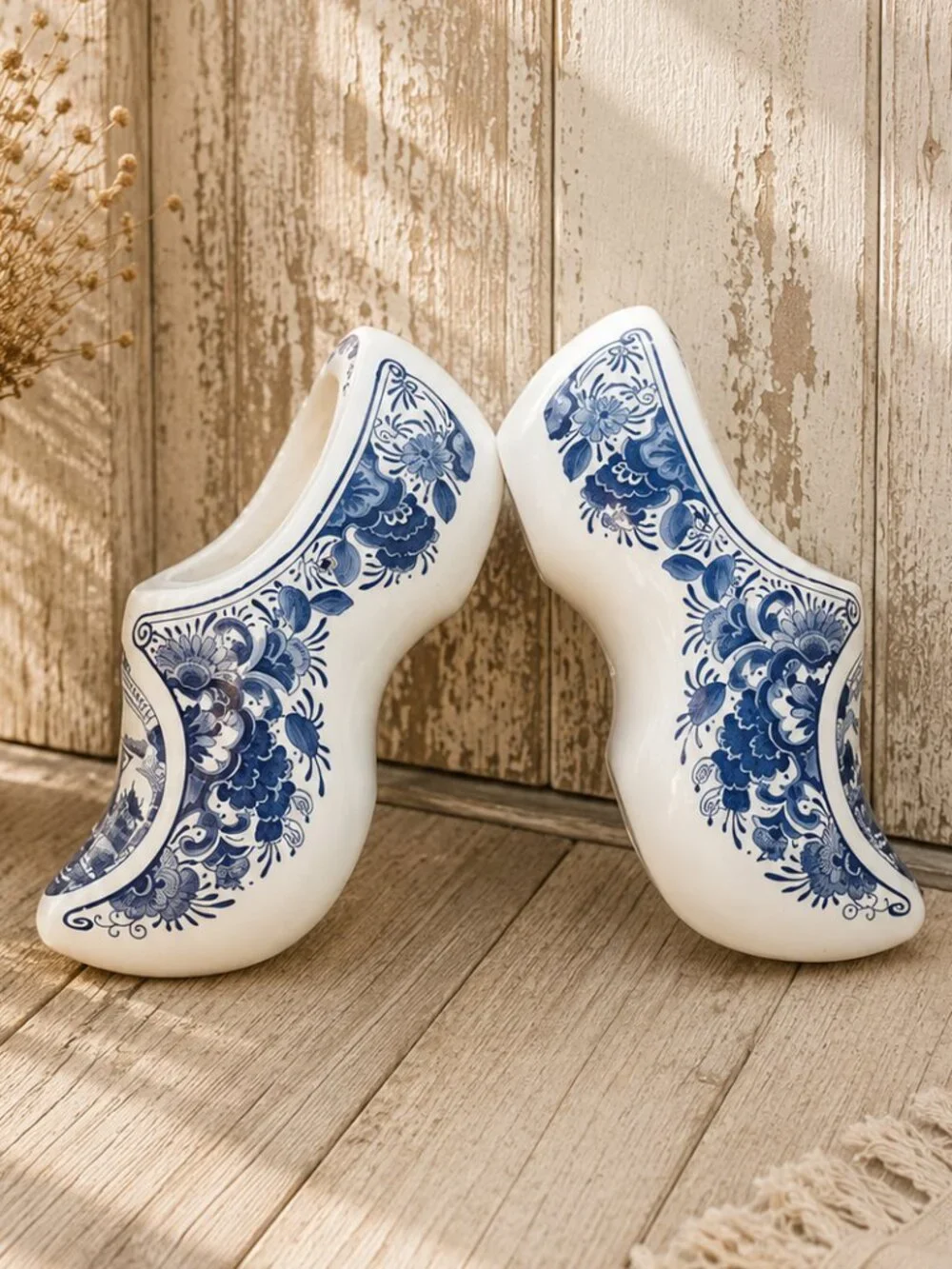 Vintage Delft Blue Windmill Pattern Dutch Wooden Shoes